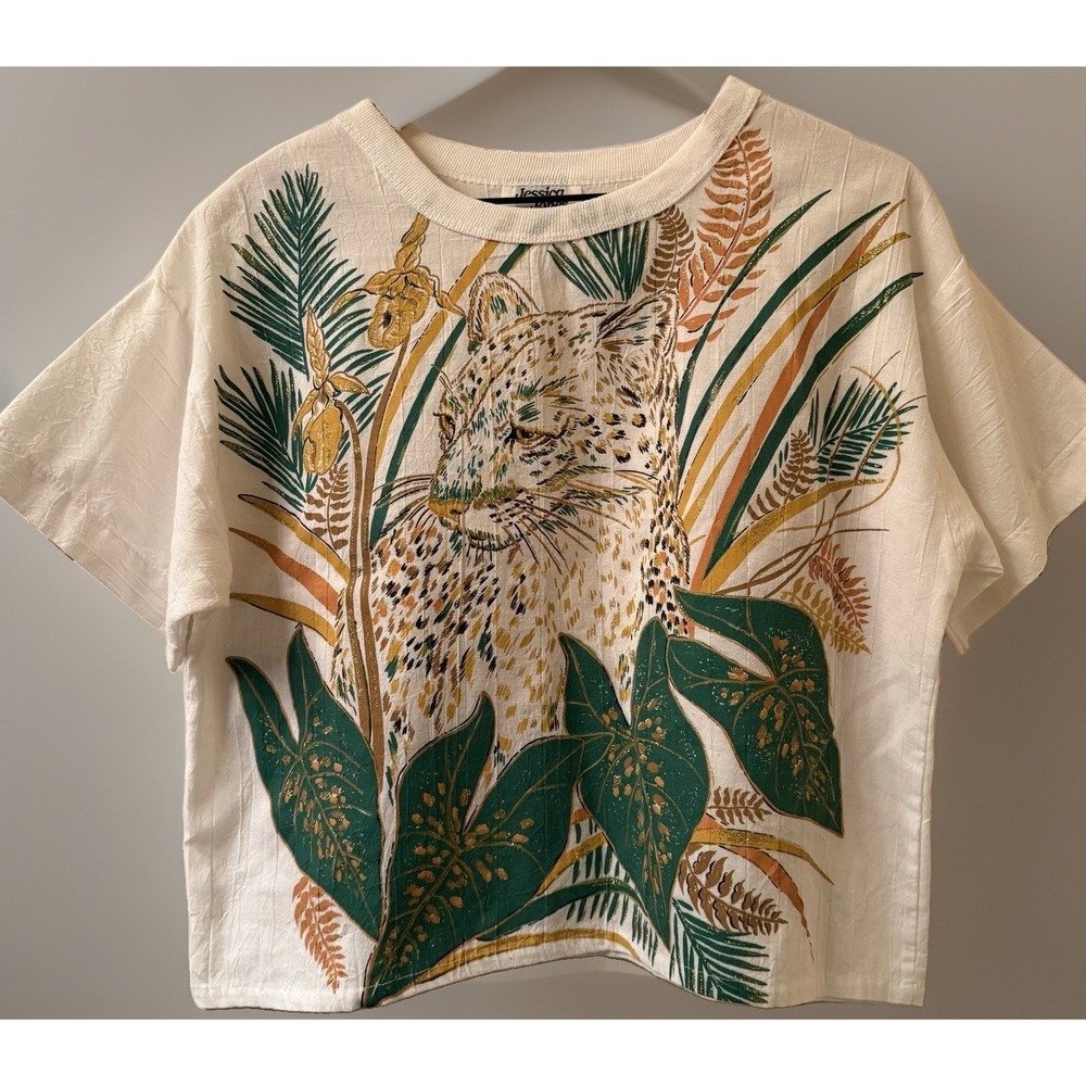 Vintage Jessica Jones Leopard T Shirt Medium Glitter Tropical Graphic Made USA